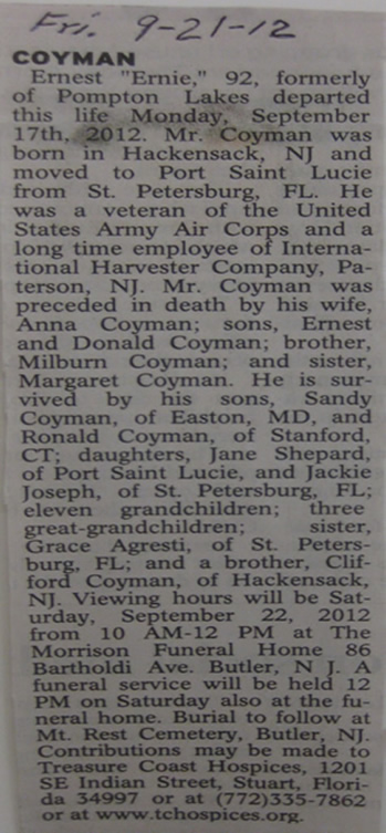 Ernest Coyman Obituary